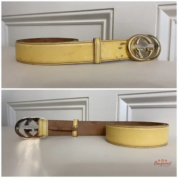 Authentic Gucci Yellow Patent Leather Gold Interlocking G Buckle Belt 85/34